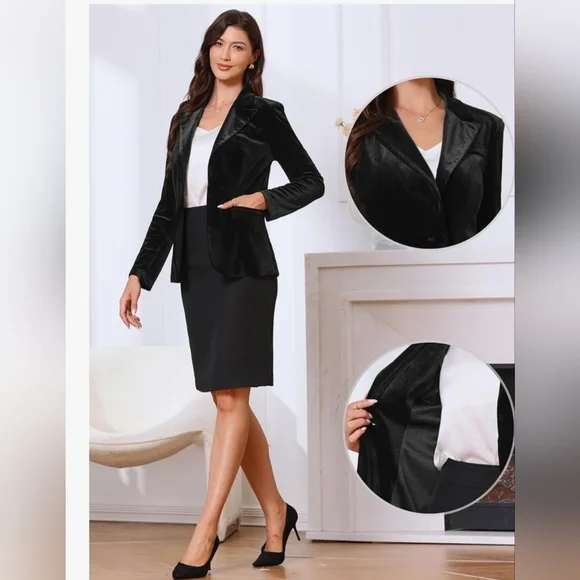 Allegra K Black Velvet Tailored Notch-Lapel Blazer. W-28 - Picture 2 of 7
